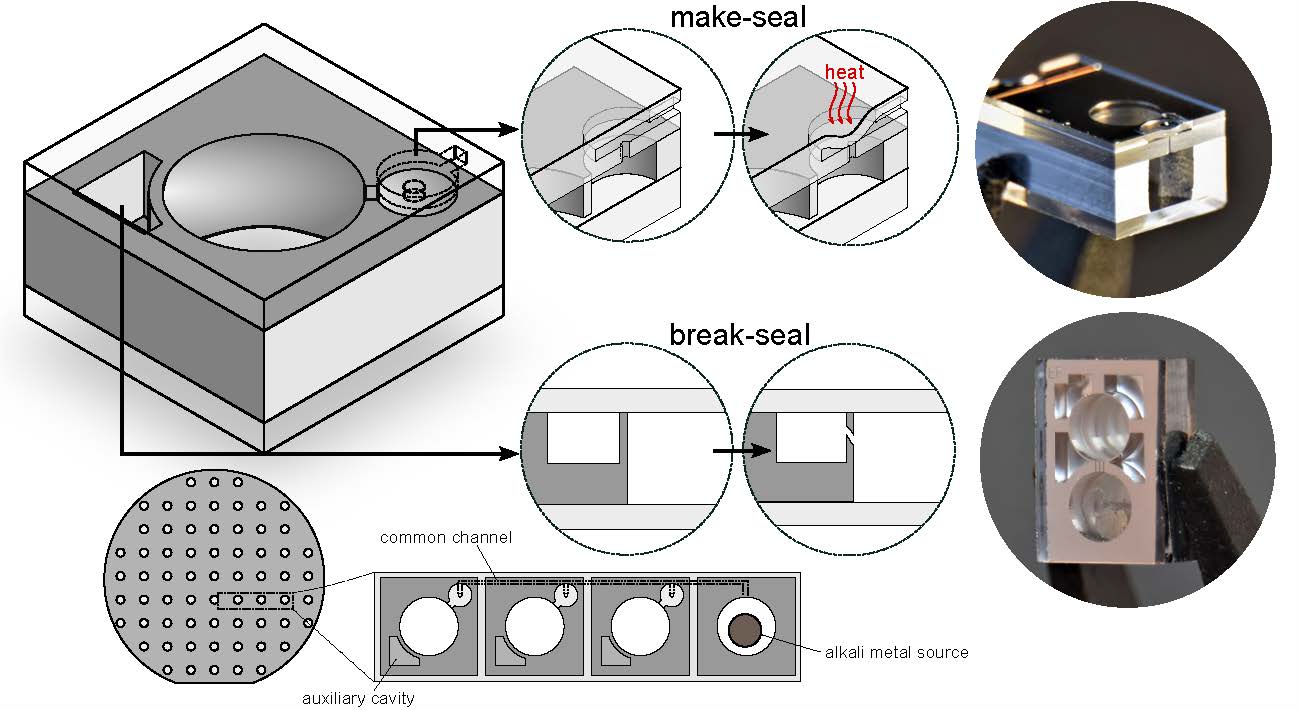 Cellule à vapeur alcaline micro-fabriquée, composée d’un sandwich verre-silicium-verre et munie de structures comparables à des vannes et actionnables par laser. L'action d'un laser pour fermer (make seal) ou ouvrir (break seal) ces ''vannes'' permet le remplissage séquentiel de la cellule par le métal alcalin et différents gaz tampon. Cette méthode de remplissage, inspirée des cellules fabriquées par soufflage de verre, permet d’envisager l’augmentation des performances de différents systèmes atomiques miniatures (horloges atomiques, magnétomètres).
