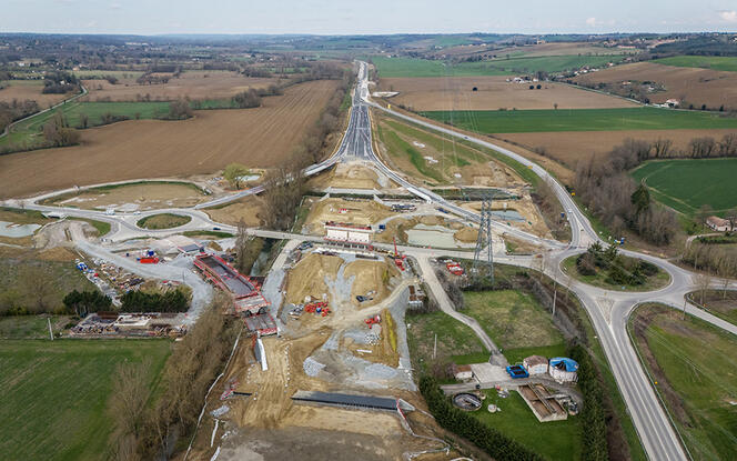 Vue générale d’une partie du chantier de l’autoroute A69, à côté du village de Saint-Germain-des-Prés, dans le Tarn, le 7 mai 2025.