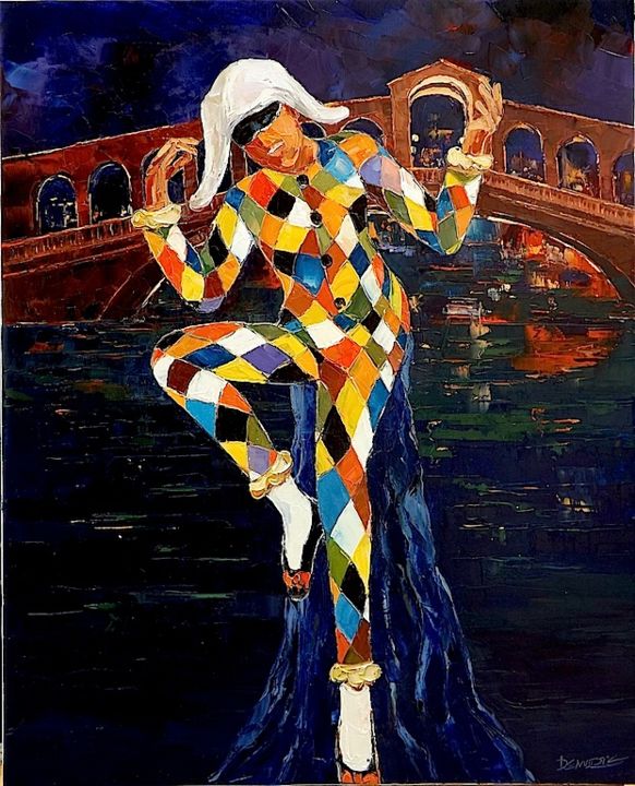« Comme un arlequin, nos génomes sont une mosaïque de gènes d’origines différentes et soumis à des pressions sélectives diverses. Je me retrouve tout particulièrement dans cette peinture, ayant des origines franco-mexicaines. » © « Arlequin », peinture d’Alain Demarte