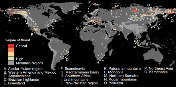 Identification des 17 zones de montagne dans le monde dans lesquels les vitesses de migration verticale des isothermes observées entre 1971 et 2020 peuvent atteindre des seuils critiques par endroit, dépassant les 8 m/an. Extrait de la figure 3 de l’article publié dans Nature©.
