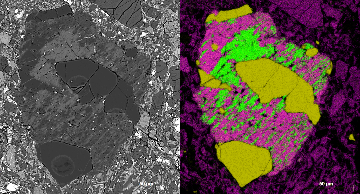Fragments granitiques dans la météorite NWA7533 vus au microscope électronique à balayage, en électrons rétrodifusés (à gauche), en émission de rayons X (à droite). Les couleurs qui s’additionnent correspondent aux éléments chimiques présents (silicium en jaune, fer en rouge, potassium en vert, calcium en bleu et sodium en rose. Les grains de quartz apparaissent en noir à gauche et en vert olive à droite. Ils sont associés à des feldspaths potassiques (vert pomme) et sodiques (rose) comme cela est typique dans les granites. © Malarewicz et al, IMPMC.