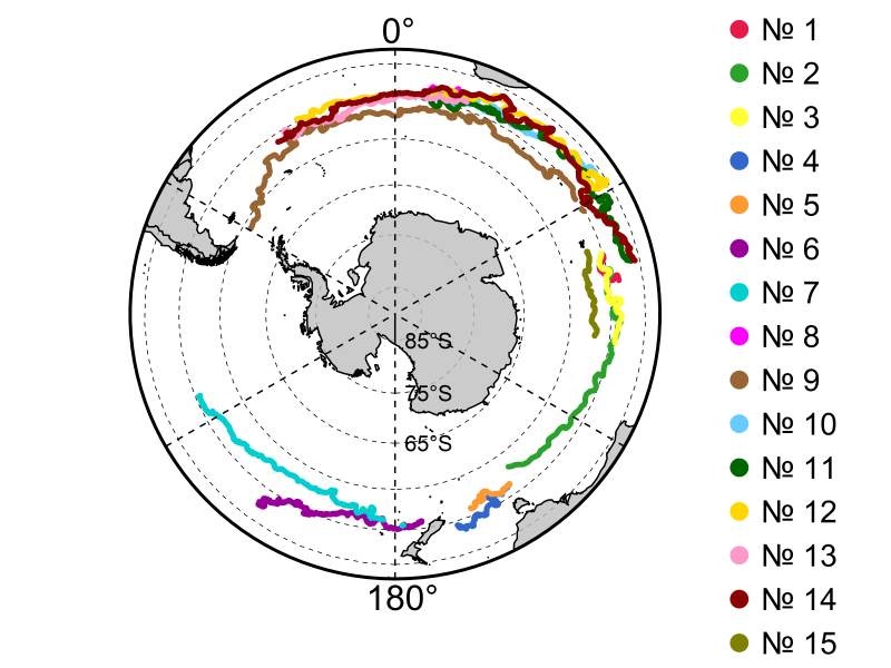 Trajectoires de sept des 15 bouées dérivantes analysées dans l’article.© Référence